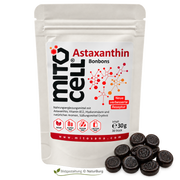 Packung Astaxanthin Bonbons mit 8 mg natürlichem Astaxanthin aus der Mikroalge Haematococcus pluvialis pro Bonbon, ergänzt mit Vitamin B12 und Hyaluronsäure. 30 Stück, vegan, zuckerfrei, glutenfrei und laktosefrei – Produktabbildung bei NaturBurg.