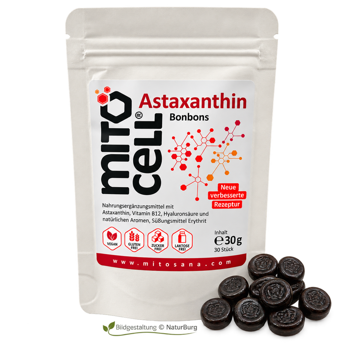Packung Astaxanthin Bonbons mit 8 mg natürlichem Astaxanthin aus der Mikroalge Haematococcus pluvialis pro Bonbon, ergänzt mit Vitamin B12 und Hyaluronsäure. 30 Stück, vegan, zuckerfrei, glutenfrei und laktosefrei – Produktabbildung bei NaturBurg.