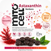 Produktillustration der Astaxanthin Bonbons mit den drei Bestandteilen Astaxanthin, Vitamin B12 und Hyaluronsäure sowie roten Algen- und Bonbonmotiven. Ein Bonbon enthält 8 mg Astaxanthin; die Rezeptur ist vegan, zuckerfrei, glutenfrei und laktosefrei – NaturBurg.
