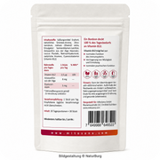 Rückseite der Packung Astaxanthin Bonbons 8 mg mit Produktinformationen zu Zutaten, Nährwerten, Inhaltsstoffen und Verzehrempfehlung. Enthält Astaxanthin aus Haematococcus pluvialis, Vitamin B12 und Hyaluronsäure; Packungsinhalt 30 Bonbons – NaturBurg.