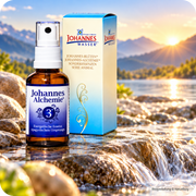 Johannes-Alchemie® Nr. 3 Herz-Kreislauf, 50 ml Spray mit Verpackung in ruhiger Wasserlandschaft – energetische Essenz bei NaturBurg
