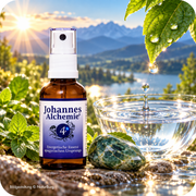 Johannes-Alchemie® Nr. 4 Leber-Galle, 50 ml Spray in Naturkulisse mit Wasserschale, Wassertropfen und grünem Jaspis bei NaturBurg
