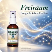 Johannes-Blüte Nr. 11 Freiraum Blütenessenz in brauner Glasflasche mit weißem Sprühaufsatz vor einem cremefarbenen und blauen Hintergrund mit geschwungenen Lichtlinien und vernetzten Lichtpunkten als symbolische Darstellung elektromagnetischer Wellen, mit den Schriftzügen „Freiraum“, „Energie & äußere Einflüsse“ und Bildgestaltung © NaturBurg.