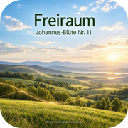 Weite grüne Hügellandschaft mit Wiesen, Bäumen und einem See im warmen Sonnenlicht, darüber ein blauer Himmel und sanfte goldene Lichtlinien als symbolisches Motiv für Johannes-Blüte Nr. 11 Freiraum, mit Schriftzug „Freiraum“ und Bildgestaltung © NaturBurg.