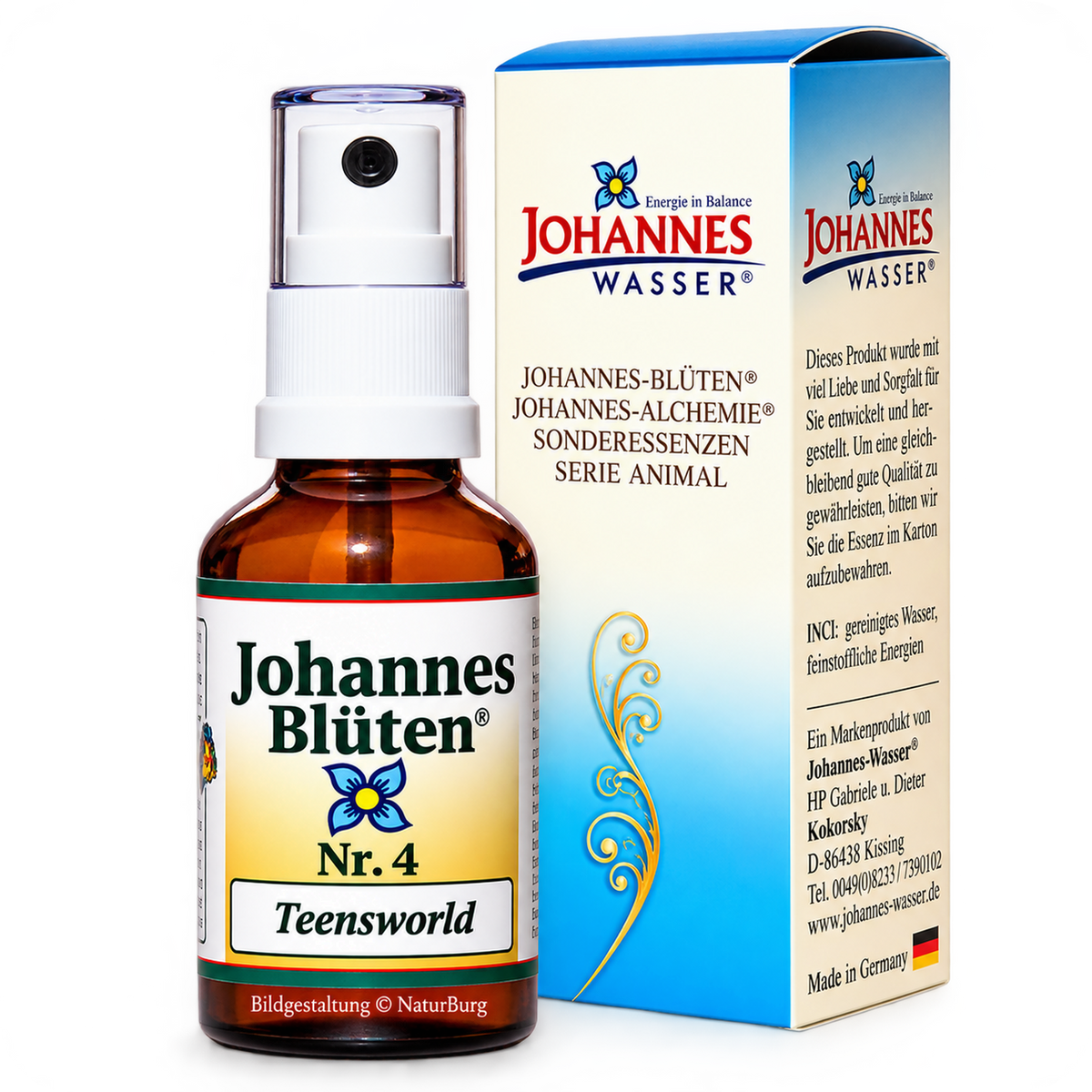 Johannes-Blüte Nr. 4 Teensworld alkoholfreie Blütenessenz als 50-ml-Spray mit Originalverpackung von Johannes-Wasser