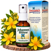 Johannes-Blüte Nr. 5 Nussknacker Blütenessenz 50 ml Spray mit gelben Johanniskrautblüten und Johannes-Wasser Verpackung