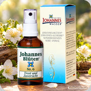 Johannes-Blüte Nr. 6 Trost und Zuversicht – 50 ml Blütenessenz Spray von Johannes-Wasser in natürlicher Umgebung mit Blüten