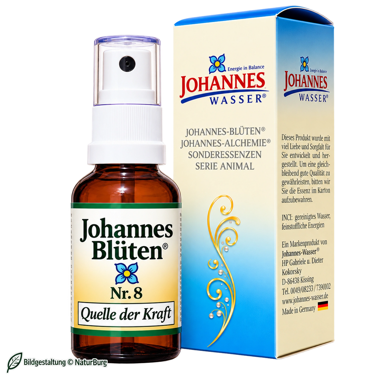 Johannes-Blüte Nr. 8 Quelle der Kraft alkoholfreie Blütenessenz 50 ml im Sprühflacon mit Originalverpackung von Johannes-Wasser – Produktbild bei NaturBurg