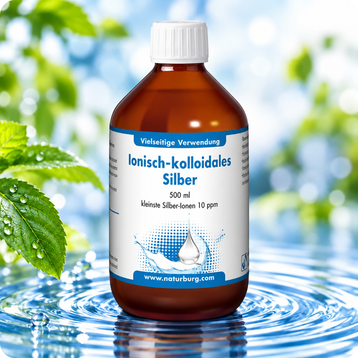 Kolloidales Silber 10 ppm von NaturBurg – 500 ml Braunglasflasche auf einer Wasserfläche mit grünen Blättern