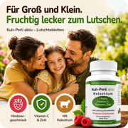 Kuh-Perli aktiv Kolostrum Lutschtabletten für die Familie mit Himbeergeschmack