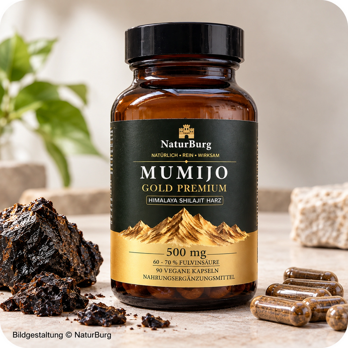 NaturBurg Mumijo Gold Premium, 90 vegane Kapseln mit je 500 mg Himalaya Shilajit-Harz, braune Glasdose mit schwarzem Schraubverschluss und originalem grün-goldenem Produktetikett, hochwertige Produktansicht.