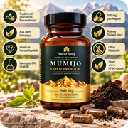 NaturBurg Mumijo Gold Premium, 90 vegane Kapseln mit 500 mg Shilajit-Harz pro Kapsel, Produktdarstellung mit Shilajit-Pulverberg und Kapseln sowie Informationen zu Premium-Rohstoffqualität, Fulvinsäuregehalt und laborgeprüfter Rohstoffqualität.