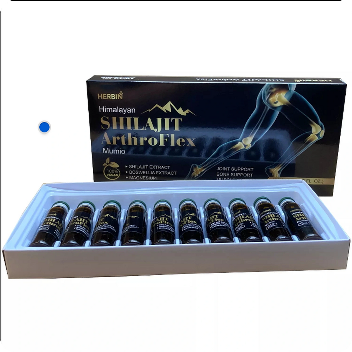 Mumijo Shilajit ArthroFlex, 10 Trinkampullen à 10 ml mit Mumijo, Boswellia-Extrakt und Magnesium. Geöffnete Produktverpackung mit 10 Ampullen in blauer Einlage und Originalkarton im Hintergrund.