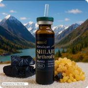 Mumijo Shilajit ArthroFlex 10 ml Trinkampulle vor einer Berglandschaft mit schneebedeckten Gipfeln und türkisblauem See. Daneben schwarzes Shilajit-Harz und goldfarbenes Weihrauchharz. Naturmotiv mit Originalprodukt, Bildgestaltung NaturBurg.