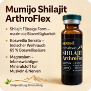 Mumijo Shilajit ArthroFlex Trinkampulle 10 ml mit Shilajit, indischem Weihrauch (Boswellia serrata) und Magnesium. Produktabbildung mit Informationen zu den Inhaltsstoffen auf beigefarbenem Hintergrund. Bildgestaltung NaturBurg.
