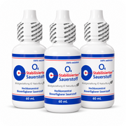 Drei Flaschen O4 stabilized oxygen – O4 Stabilisierter Sauerstoff mit jeweils 60 ml Hochkonzentrat. 3er-Sparpaket mit insgesamt 180 ml und 350.000 ppm stabilisiertem Sauerstoff, ohne Chlorit und Chlordioxid – Bildgestaltung © NaturBurg.