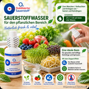 O4 Stabilisierter Sauerstoff für die Herstellung von Sauerstoffwasser im pflanzlichen Bereich. Darstellung mit Samen, Keimlingen, Sprossen, Obst und Gemüse sowie Dosierung von 25 Tropfen bzw. 1 ml auf einen Liter Wasser – Bildgestaltung © NaturBurg.