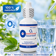 O4 stabilized oxygen – O4 Stabilisierter Sauerstoff 60 ml zur Herstellung von Sauerstoffwasser. Produktdarstellung mit Wasser, Sauerstoffmotiv und O4 Hochkonzentrat, ohne Chlorit und Chlordioxid – Bildgestaltung © NaturBurg.