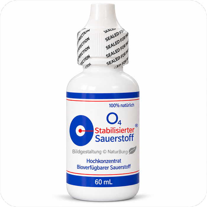 O4 stabilized oxygen – O4 Stabilisierter Sauerstoff als flüssiges Hochkonzentrat in der 60-ml-Flasche. Enthält 350.000 ppm stabilisierten Sauerstoff und kommt ohne Chlorit und Chlordioxid aus – Bildgestaltung © NaturBurg.