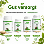 NaturBurg Ziegenkolostrum Sortiment mit 30, 90 und 150 Kapseln und Pulver Packungen