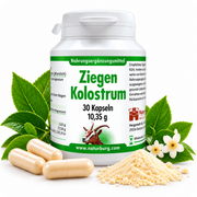 NaturBurg Ziegenkolostrum 30 Kapseln mit 230 mg Ziegenkolostrum pro Kapsel, Kapseln, Kolostrumpulver und grünen Blättern