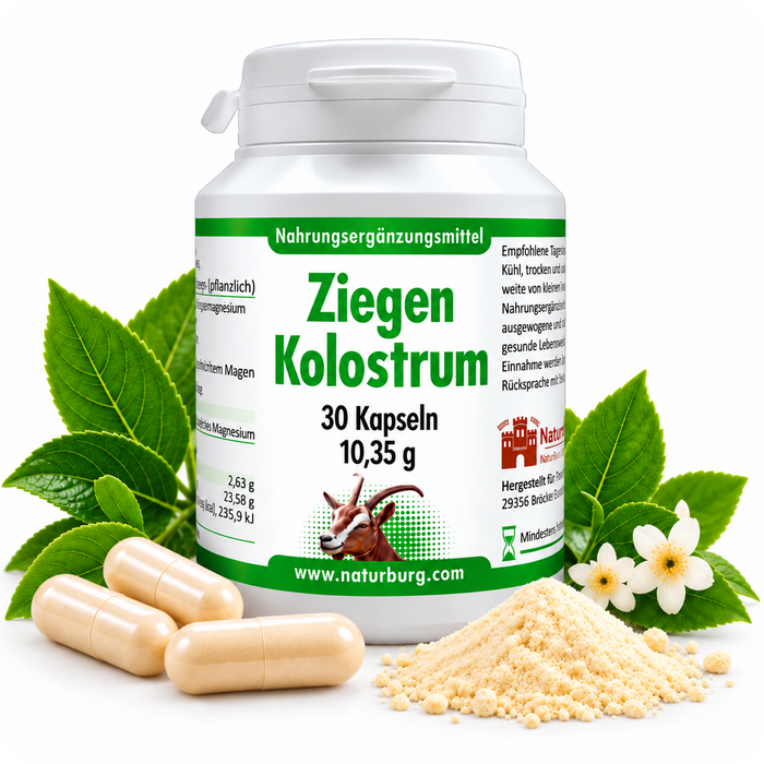 NaturBurg Ziegenkolostrum 30 Kapseln mit 230 mg Ziegenkolostrum pro Kapsel, Kapseln, Kolostrumpulver und grünen Blättern