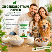 NaturBurg Ziegenkolostrum Pulver 100 g mit Produktdose, Pulver, Milch, Joghurt und Müsli, daneben eine Familie mit Kind, Hund und Katze, Bildgestaltung © NaturBurg.
