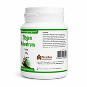NaturBurg Ziegenkolostrum Pulver 100 g, Originaldose mit Aufbewahrungshinweisen, Herstellerangaben, Barcode und Ziegenmotiv