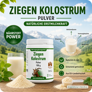 NaturBurg Ziegenkolostrum Pulver 100 g mit Produktdose, Pulver und Milch vor einer Berglandschaft, Infografik zu Aminosäuren, Immunglobulinen, Vitaminen und Mineralstoffen, Bildgestaltung © NaturBurg.