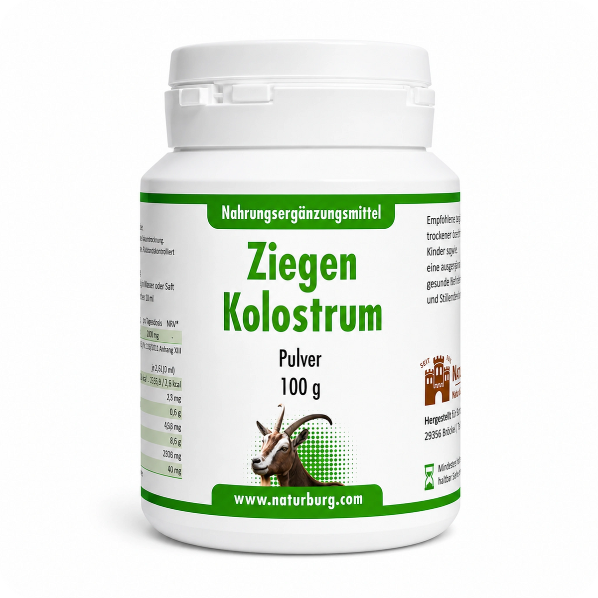 NaturBurg Ziegenkolostrum Pulver 100 g als Nahrungsergänzungsmittel in weißer Dose mit grünem Etikett, Ziegenmotiv und Originalverpackung