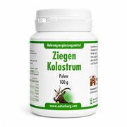 NaturBurg Ziegenkolostrum Pulver 100 g als Nahrungsergänzungsmittel in weißer Dose mit grünem Etikett, Ziegenmotiv und Originalverpackung