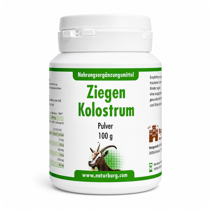NaturBurg Ziegenkolostrum Pulver 100 g als Nahrungsergänzungsmittel in weißer Dose mit grünem Etikett, Ziegenmotiv und Originalverpackung