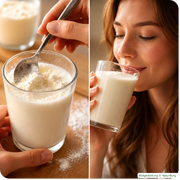 Zubereitung von NaturBurg Ziegenkolostrum Pulver 100 g: Pulver wird mit einem Löffel in ein Glas Milch eingerührt, daneben eine Frau beim Trinken, Bildgestaltung © NaturBurg.