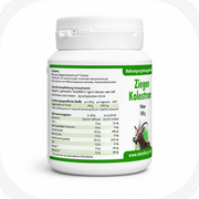 NaturBurg Ziegenkolostrum Pulver 100 g, seitliche Produktansicht mit Zutaten, Verzehrempfehlung und Nährwerttabelle auf dem Etikett