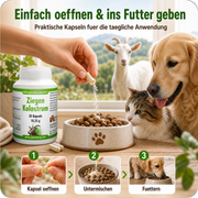 NaturBurg Ziegenkolostrum Kapsel öffnen, Pulver ins Futter mischen und füttern – Anwendung für Hund und Katze